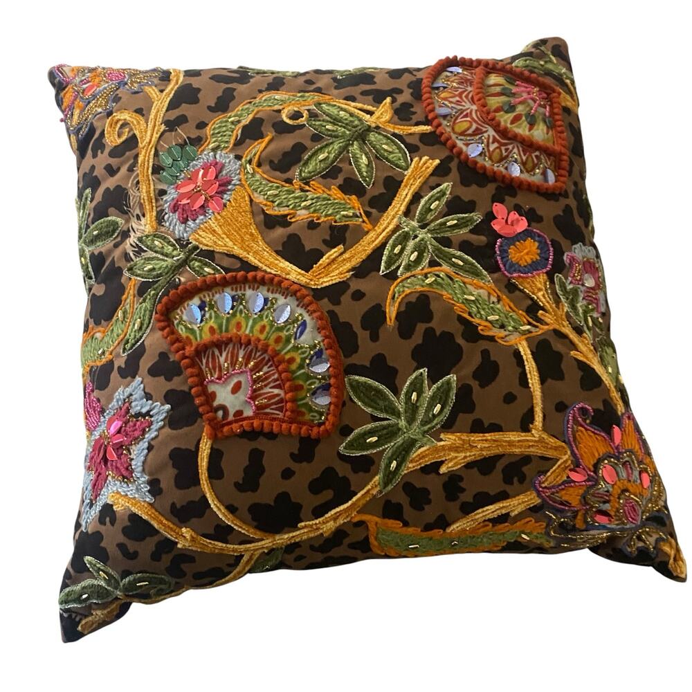 Handmade Decorative Accent Pillow with Embroidered Beaded Accents & Animal Print